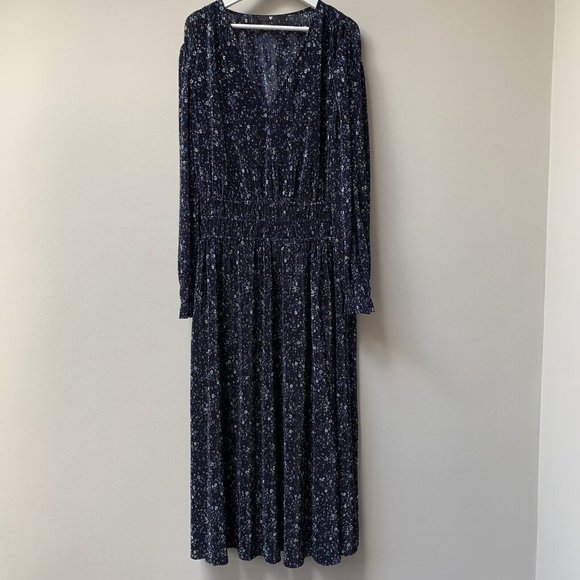 Very Dresses & Skirts - Very Plisse Long Maxi Dress Size UK 12 Floral Long Sleeve Blue V Neck